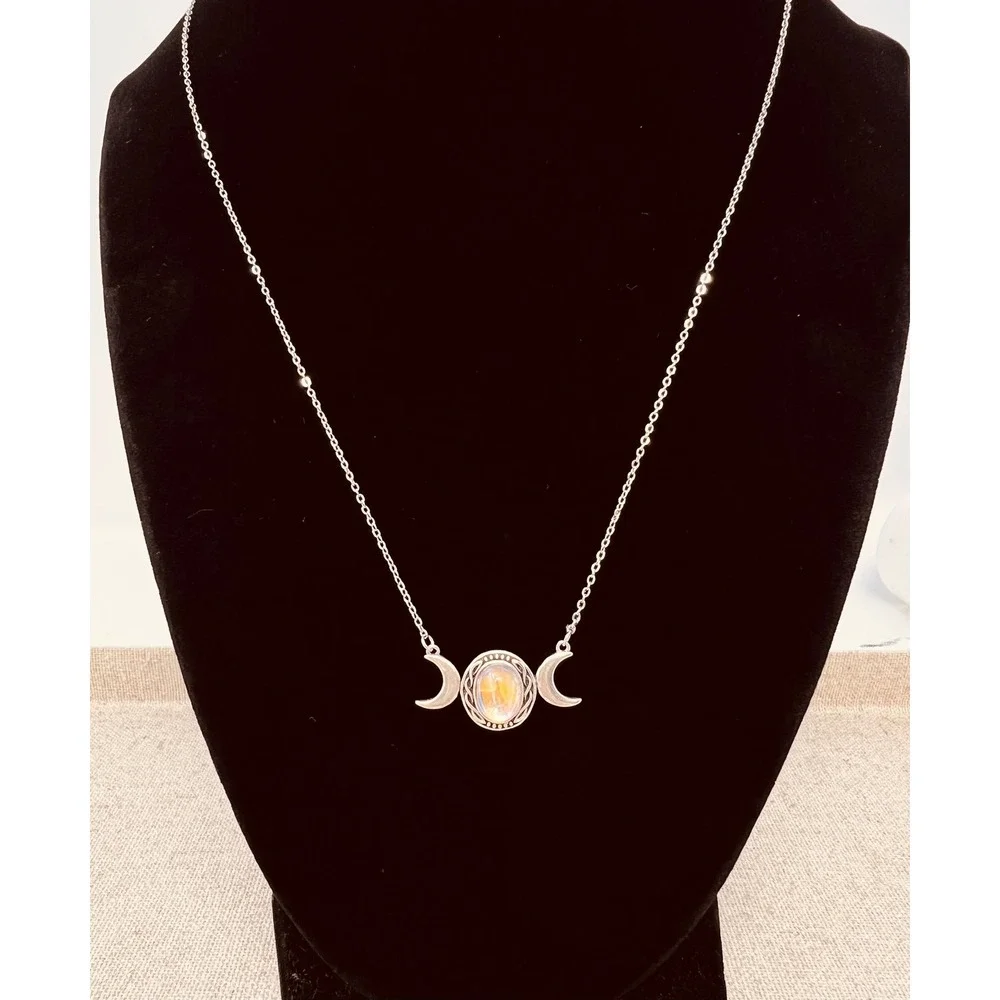 Sterling Silver Triple Moon Goddess Necklace Moonstone Celestial Wiccan Jewelry